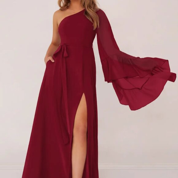 Barbie™  AZAZIE 1011 Burgundy One Shoulder Sleeve Chiffon A-Line Dress - Picture 1 of 4
